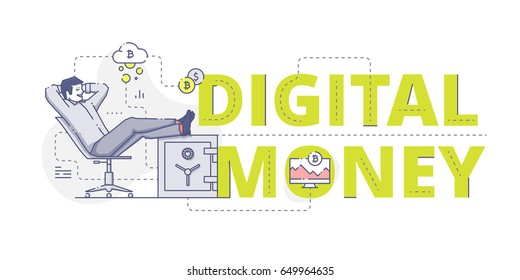 Illustrative typography horizontal banner with words 'Digital money' and man sitting feet up on a safe. Bitcoin related vector flat linear design concept