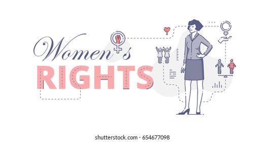 Illustrative typography horizontal banner with words 'Women's rights' and woman standing akimbo. Women's empowerment related vector flat linear design concept