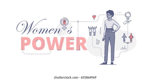 Illustrative typography horizontal banner with words 'Women's power' and African American woman standing akimbo. Women's empowerment related vector flat linear design concept