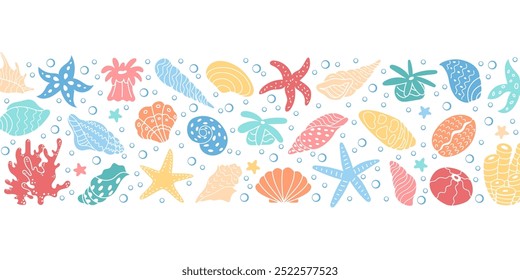 Conjunto de vida submarina ilustrativa con corales y conchas marinas. Arte vibrante de temática marina con Elementos de arrecife. Patrón de océano con burbujas y coloridas criaturas marinas.