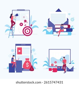 Illustrative vector art depicting various aspects of business analytics, including data analysis, marketing strategies, and achieving targets. Ideal for presentations or reports.