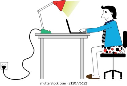 An illustrative vector art design of a man in front of laptop wearing long-sleeved shirt and shorts as representation of working from home.