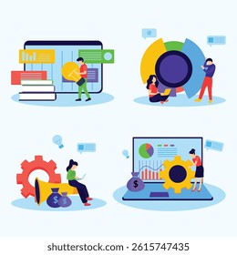 Illustrative vector artwork depicting collaborative teamwork, data analysis, and achieving business success through strategic planning and innovative ideas.