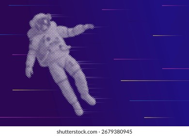 Design vetorial ilustrativo de astronauta digital feito com pixels em fundo de gradiente roxo