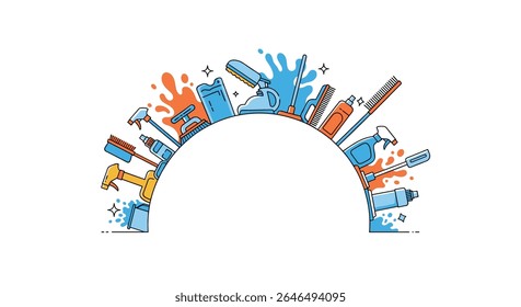 Illustrative vector design of household cleaning supplies and equipment for cleaning purposes