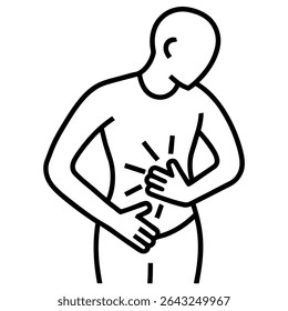 Illustrative vector graphic depicts a human body outline experiencing stomach pain.