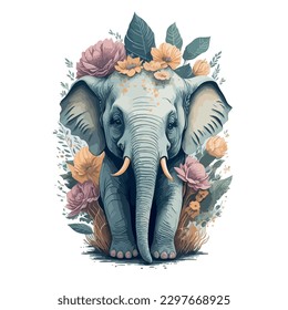 illustrative vector image of elephant with flowers light background