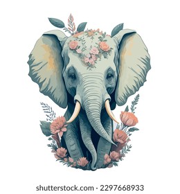 illustrative vector image of elephant with flowers light background