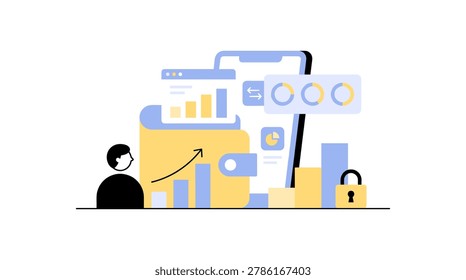 Illustrative vector image of a professional analyzing upward trend graphs, charts, and analytics on a laptop screen with a positive growth curve, lock icon, and mobile device integration.