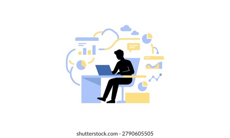 Illustrative vector image of a silhouette person sitting at a desk using a laptop surrounded by various analytics and business icons including charts, graphs, and speech bubbles.