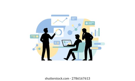 Illustrative vector image of three business professionals collaborating around a laptop displaying charts and analytics. One person is pointing at a screen while others observe, symbolizing teamwork and data analysis in a modern office setting.