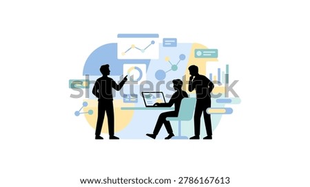 Illustrative vector image of three business professionals collaborating around a laptop displaying charts and analytics. One person is pointing at a screen while others observe, symbolizing teamwork and data analysis in a modern office setting.