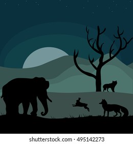 Illustrative vector image world of animals on the horizon. The evening, animals, horizon, sunset moon, stars, elephant, rabbit, wolf, fox, mountain grass.