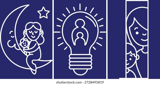 Illustrative vector panels depicting maternal love, family connection, and nurturing concepts, ideal for parenting, childcare, and wellness themes.