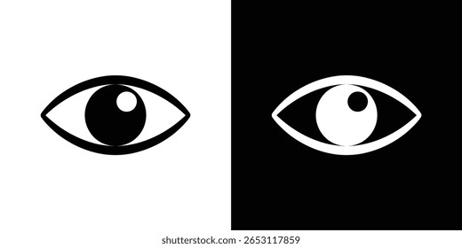 O vetor ilustrativo apresenta dois olhos opostos, um preto sobre branco e o outro invertido. Simbolismo de visão, visão, contraste e dualidade enfatizados em monocromático.