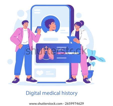 Illustrative vector showing two people discussing digital medical history via a mobile interface. Features include a profile and respiratory health data on-screen.