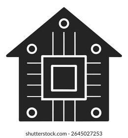 Vetor ilustrativo de um conceito de casa inteligente, mostrando um chip de CPU integrado dentro de uma casa moderna. Este design incorpora tecnologia, automação e controle digital.