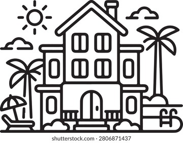 Illustrative vector of a stylish beach house under sunny skies with palm trees and relaxed vacation vibes