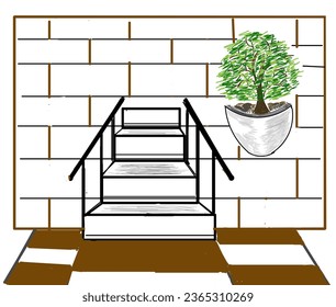 
Illustrative wall design with green leaf ornamental trees and stairs