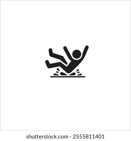 An illustrative warning symbol depicting a person slipping and falling due to a wet floor surface. Ideal for safety communications and hazard notifications in public or private facilities.