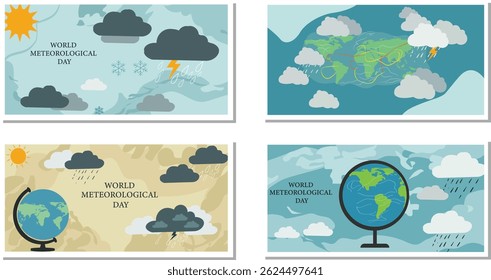 Illustrative World Meteorological Day Banner with Diverse Weather Symbols