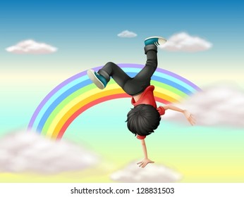 Illustraton of a boy performing a break dance along the rainbow