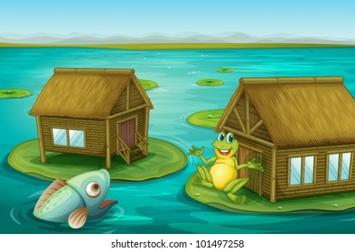 Illustraton of cabins on the water with a frog and a fish