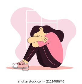 Illustraton of depression issue. Young girl have mental problems. Concept of kid's sorrow, alone and bad mood. Problems of teens