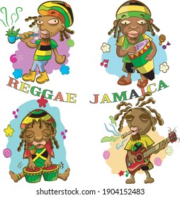 Illustrator 8 AI,Eps 
Cartoon Reggae Jamaica.
Colorful and detailed vector ideal for websites, banners, backgrounds.
long live reggae.