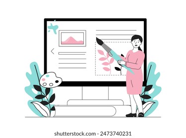Illustrator artist concept. Woman with brush in her hands near tablet. UI and UX designer with articles and pictures. Graphic designer and freelancer. Linear flat vector illustration