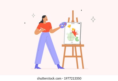 Illustrator or artist draws on the screen of a graphics tablet. The process of creating a creative digital illustration. Flat style vector illustration.
