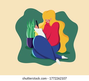 Illustrator artist work from home. Cozy and comfort spending time making art at home. Ideas for spare time during confinement, quarantine, holiday, vacations. Completely editable vector art collection