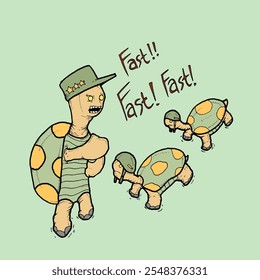 Illustrator Artwork Vector illustration of turtle captain shouting to turtle soldiers with isolated background