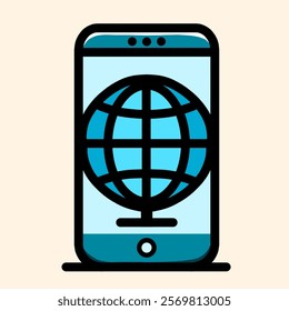 Illustrator of a black smartphone vector design with a blue globe symbol.