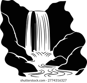 Illustrator black and white waterfall flowing over rocks