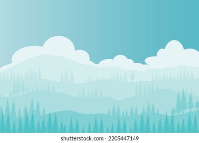 Illustrator of blue pine treea on mountain with clouds on sky background.