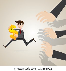 illustrator of cartoon businessman run away from creditor