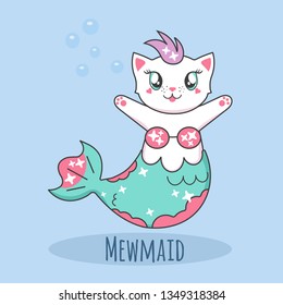 Illustrator of cat mermaid in unicorn kawaii style with pastel color Vector Print for kids fashion artworks, children books, greeting cards, t-shirt hand drawing or background 