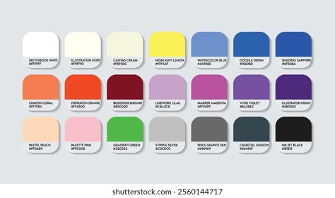 Illustrator Color Guide Palette with Color Names. Catalog Samples Illustrator with RGB HEX codes and Names. Colors Palette, Plastic Illustrator Color Palette, Fashion Trend Illustrator Color Palette