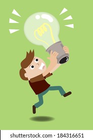 Illustrator concept of man take big lamp , Happy to get big idea