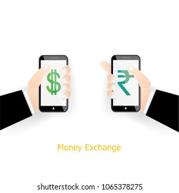 Illustrator of Currency exchange.Money exchange online by smartphone.US dollar exchange with Indian rupee.