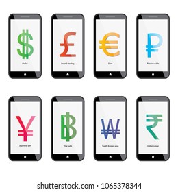 Illustrator of Currency exchange.Money exchange online by smartphone.worldwide currency symbol.