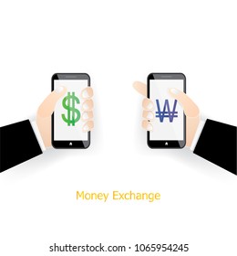 Illustrator of Currency exchange.Money exchange online by smartphone.US dollar exchange with South Korean won.
