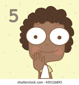 Illustrator cute black boy learn number and counting with kids hand showing the number five.