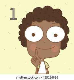 Illustrator cute black boy learn number and counting with kids hand showing the number one.