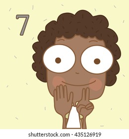 Illustrator cute black boy learn number and counting with kids hand showing the number seven.