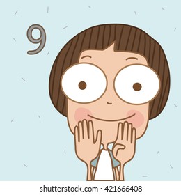 Illustrator cute boy learn number and counting with kids hand showing the number nine.