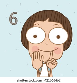 Illustrator cute boy learn number and counting with kids hand showing the number six.