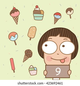 Illustrator cute boy learn number with dessert and showing the number nine.