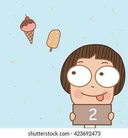 Illustrator cute boy learn number with dessert and showing the number two.